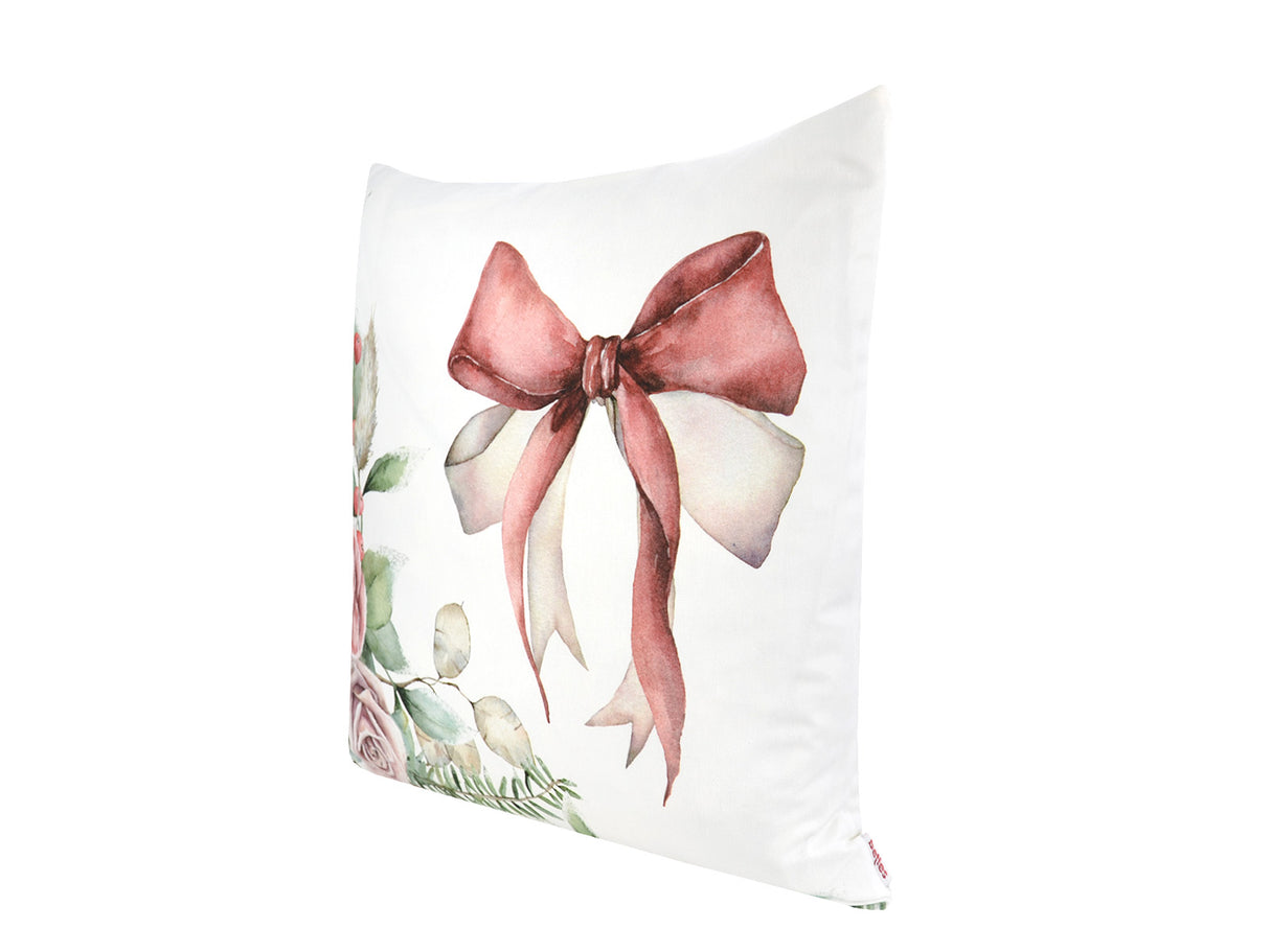 Weisse Kissenhülle ca. 50x50 cm – Winterdeko mit rosa gefrosteten Rosen und rosa Schleife – 100% Baumwolle – Aus der beties Magie des Winters "Frost-Rose Schleife" Kollektion.