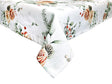 Weisse Tischdecke – Winterdeko mit gefrosteten Rosen in orange, Kieferzapfen, Beeren und Zweigen – 100% Baumwolle – aus der beties Magie des Winters "Frost-Rose" Kollektion.