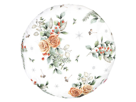 Runde, weisse Kissenhuelle ca. 40 cm im Durchmesser – Winterdeko mit gefrosteten Rosen in orange – 100% Baumwolle – aus der beties Magie des Winters "Frost-Rose" Kollektion.