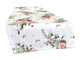 Weisser Tischlaeufer – Winterdeko mit orangen, gefrosteten Rosen – 100% Baumwolle – aus der beties Magie des Winters "Frost-Rose" Kollektion.