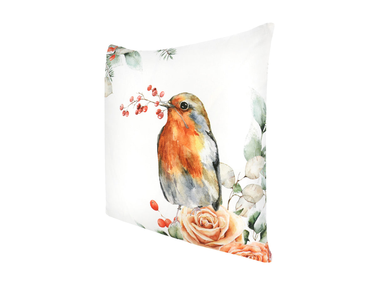 Weisse Kissenhülle ca. 50x50 cm – Winterdeko mit einem Rotkelchen und orangen gefrosteten Rosen – 100% Baumwolle – Aus der beties Magie des Winters "Frost-Rose Rotkelchen" Kollektion.