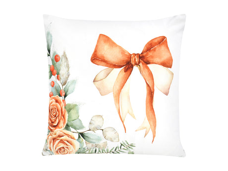 Weisse Kissenhülle ca. 50x50 cm – Winterdeko mit orangen gefrosteten Rosen und oranger Schleife – 100% Baumwolle – Aus der beties Magie des Winters "Frost-Rose Schleife" Kollektion.