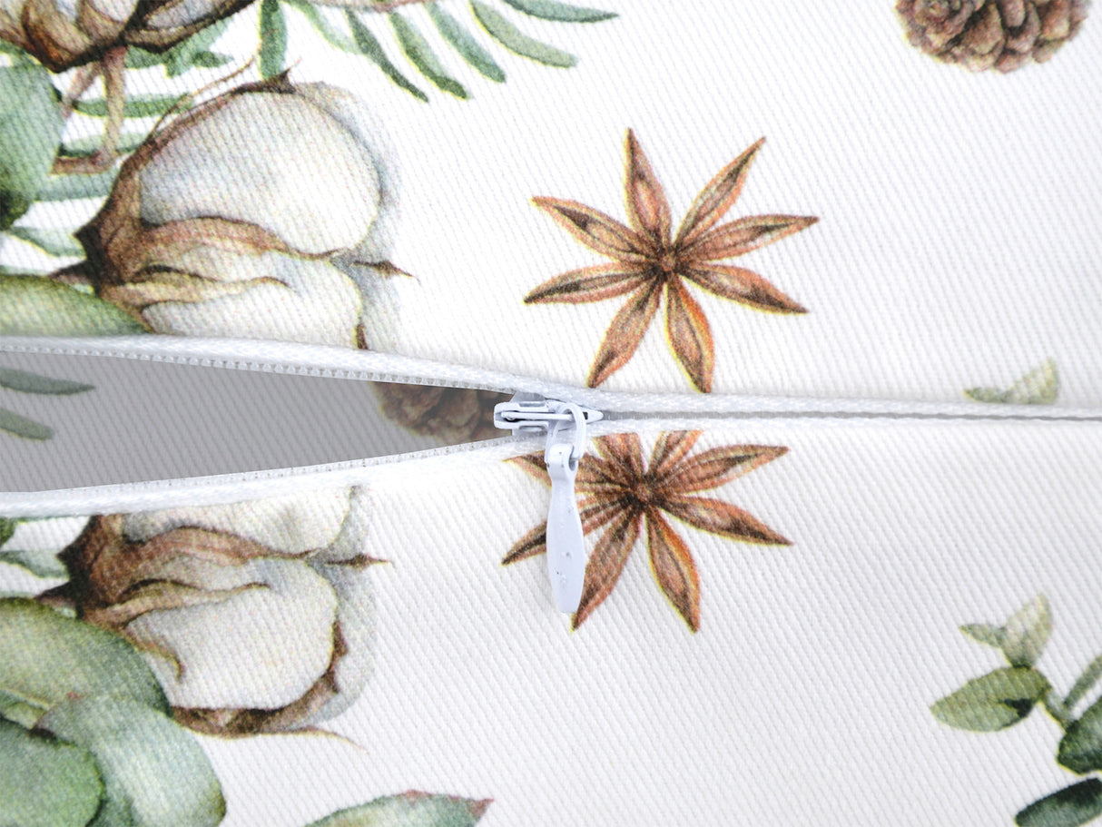 Nackenrollenhuelle ca. 15x40 cm Detailaufnahme Reissverschluss – Winterdeko mit Tannenzapfen – 100% Baumwolle – aus der beties Kollektion, "Magie des Winters – Moggl"