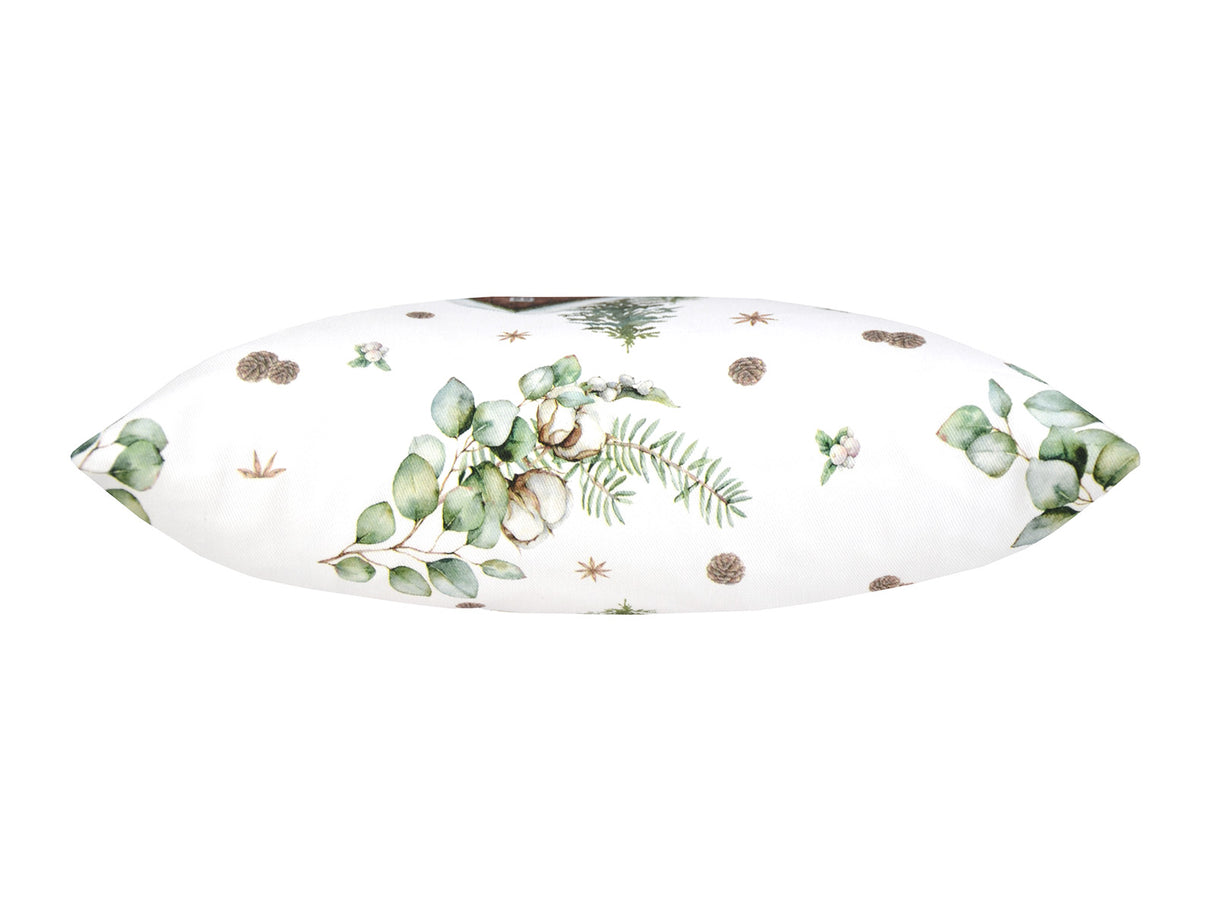 Kissenhülle von oben präsentiert, ca. 25x35 cm – Winterdeko liebevoll gestaltet mit Hütte, Rehen, Tannenzapfen, Knallbeeren, Sternanis & Eukalyptus – 100% Baumwolle – beties Magie des Winters "Moggl-Hütte"