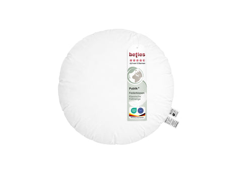  beties Publik Federkissen Fuellkissen 50 cm rund – rundes weisses Kissen mit klassischer Federfuellung freigestellt auf weissem Hintergrund mit etikett