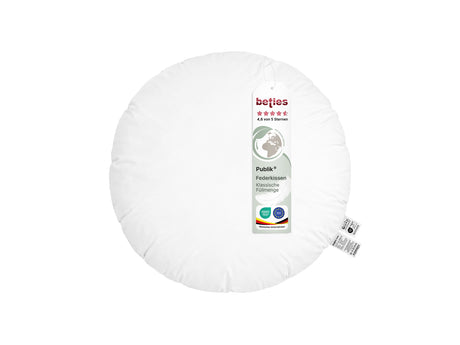  beties Publik Federkissen Fuellkissen 60 cm rund – rundes weisses Kissen mit klassischer Federfuellung freigestellt auf weissem Hintergrund mit etikett