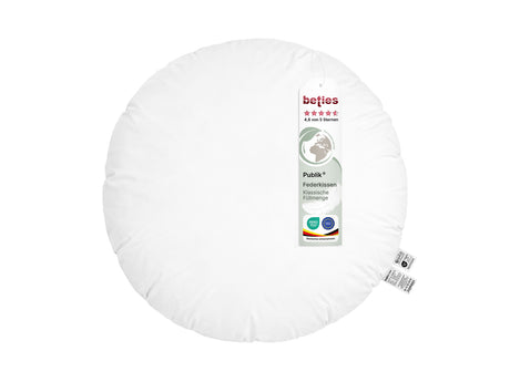  beties Publik Federkissen Fuellkissen 80 cm rund – rundes weisses Kissen mit klassischer Federfuellung freigestellt auf weissem Hintergrund mit etikett