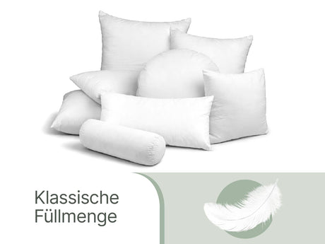  beties Publik Federkissen Fuellkissen – alle Groessen gestapelt als Kissenberg auf weissem Hintergrund 