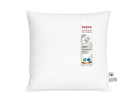  beties Publik Federkissen Kopfkissen mit Doppelnaht 80x80 cm – weisses Kopfkissen mit klassischer Federfuellung freigestellt auf weissem Hintergrund mit etikett