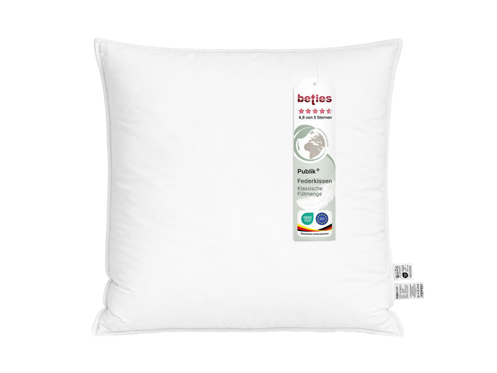  beties Publik Federkissen Kopfkissen mit Doppelnaht 80x80 cm – weisses Kopfkissen mit klassischer Federfuellung freigestellt auf weissem Hintergrund mit etikett