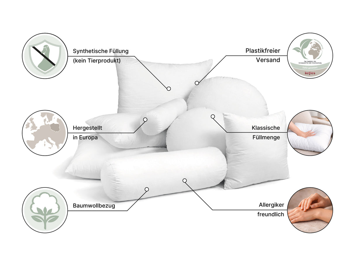 beties PublikFree Faserbällchen, polyesterflocken Fuellkissen – Nahaufnahme Bezugsstoff und Nahtqualitaet mit Einblick in klassische polyesterflockenfuellung 