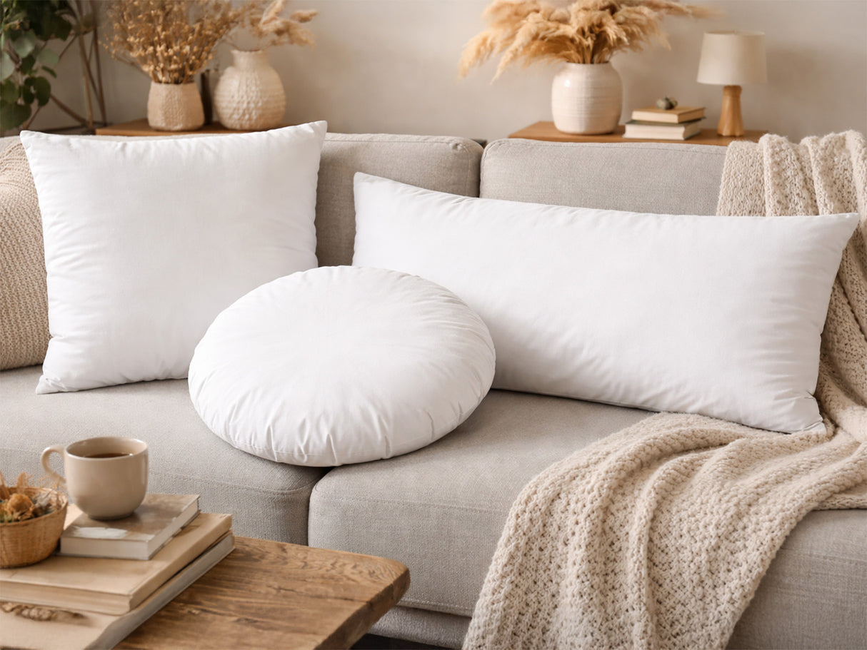 beties PublikFree polyesterflocken Fuellkissen – Milieu-Aufnahme mehrere Kissen auf einem Sofa in hellem Wohnzimmer drapiert 