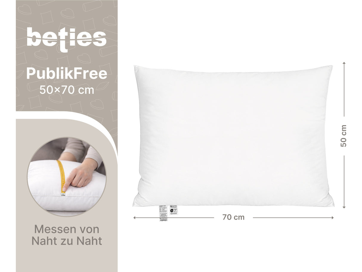 beties PublikFree Polyesterflocken Kopfkissen 50x70 cm – Maßzeichnung Breite 70 cm Höhe 50 cm, veganes Schlafkissen ohne Federn