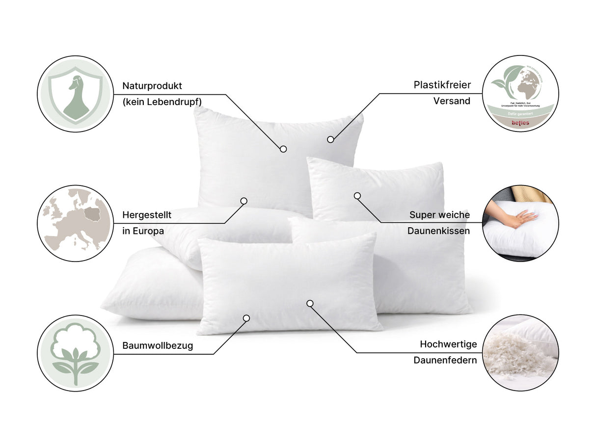 beties Publiksoft Daunenkissen Fuellkissen gestapelt Kissenberg verschiedene Groessen mit infos