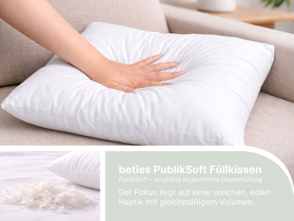 beties Publiksoft Daunenkissen Fuellkissen Detailansicht Stoff Naht Qualitaet