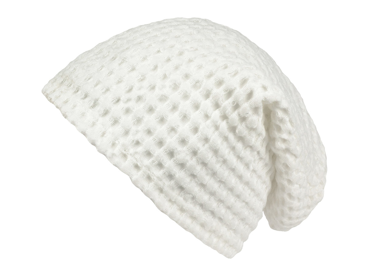 Sauna-Beanie von der Seite in der Farbe Gletscher-weiss One-Size Unisex aus Waffelpique Baumwoll-Leinenmix von beties aus der "PUR.NATURE" Serie.