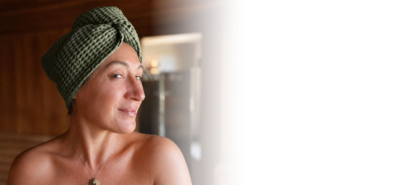 beties PUR.NATURE Haarturban aus Waffelpique Leinen-Baumwoll-Mix – Sauna Turban nordisches Design